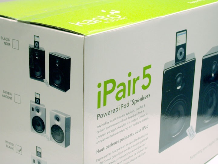 Kanto AV Systems product package featuring iPair5 speakers for iPod.